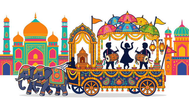 Festive Indian parade with decorated elephant and musicians.