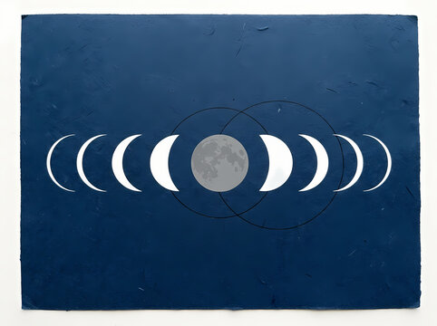 Minimalist artistic illustration of moon phases on a dark blue textured background.