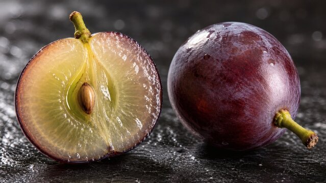 Macro close up of a ripe purple grape cut in half showing the juicy flesh and seed inside