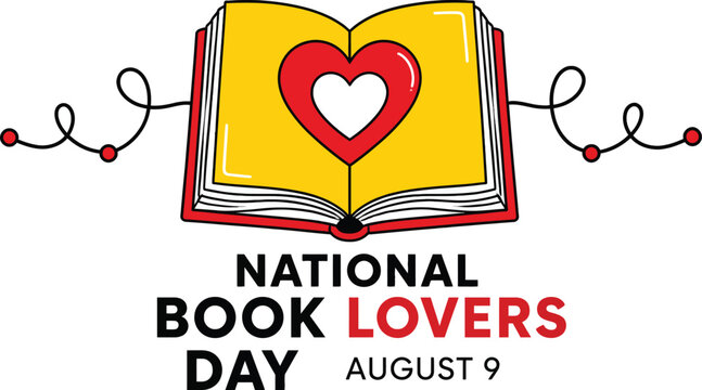 National Book Lovers Day Vector Illustration featuring Open Book with Heart, August 9 Celebration Graphic, Reading Love Icon for Education, Literacy, and Library Promotion.