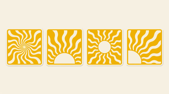 Set of four retro sun icons with wavy rays in yellow