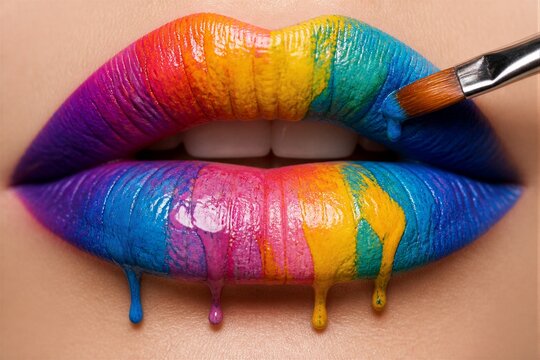 Lips painted in rainbow colors being brushed in studio closeup