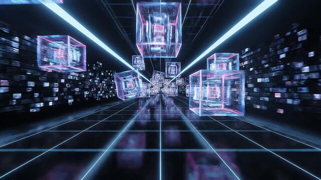 Abstract digital cubes floating in a futuristic neon grid tunnel with glowing lights