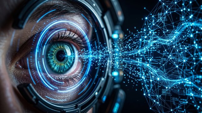 Biometric eye scanning device connecting human iris to digital global network globe data stream