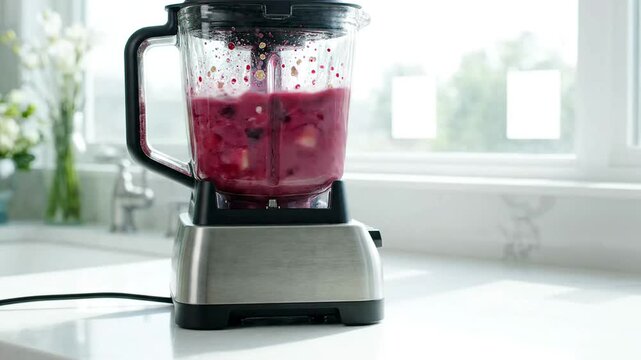 Commercial blender mixing fresh superfood smoothie with banana and mixed red berries in a bright modern kitchen environment for healthy lifestyle food content