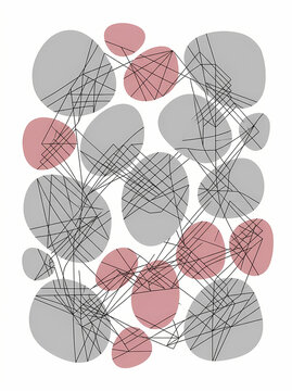Abstract composition with organic shapes and geometric intersecting black lines on white background.