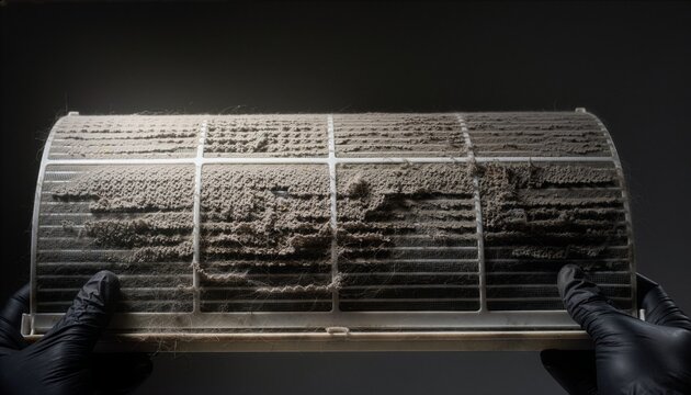 Pair of hands holding a severely clogged air conditioning filter with thick gray dust, tangled pet hair and small debris trapped across the surface.