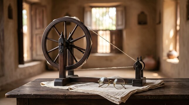 Traditional Wooden Charkha Spinning Wheel and Eyeglasses on Khadi Fabric, Gandhi Jayanti
