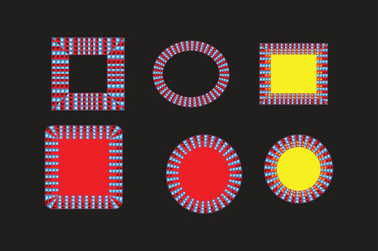 Set of Six Colorful Geometric Decorative Frames and Circular Borders with Red Blue and Yellow Pattern Elements