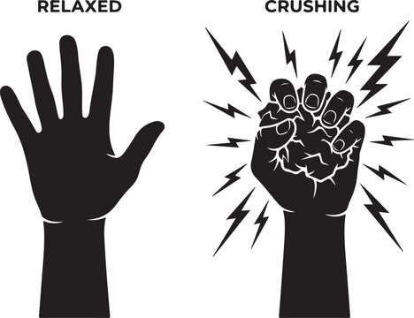 Relaxed open hand and crushing fist vector silhouette, stress management concept, black and white hand gestures