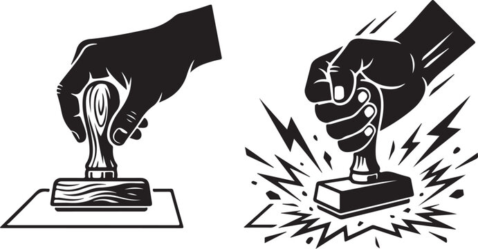 Vintage rubber stamp vector icons, hand holding wooden stamper tool, black and white office approval graphics for business documents