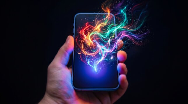 Hand holding smartphone with colorful magic smoke and glowing light energy emerging from screen