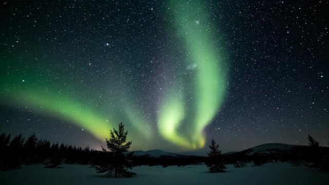 Aurora starry sky over the snow forest, aurora dancing starry night view