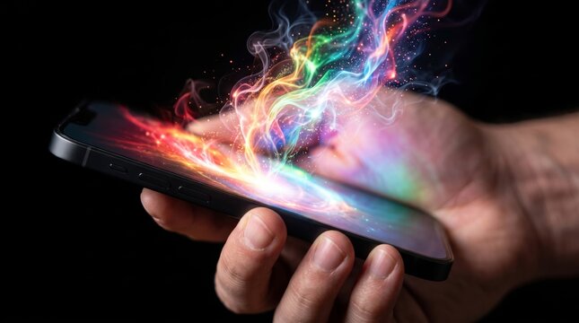 Hand holding smartphone with colorful magic smoke and glowing light energy emerging from screen
