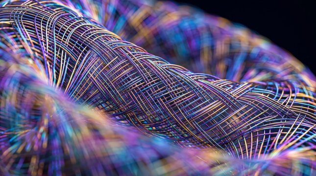 Abstract glowing iridescent metallic wire mesh braided structure texture background