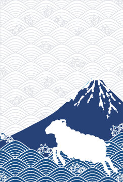 A majestic blue mountain illustration featuring a stylized sheep leaping over traditional Japanese wave patterns