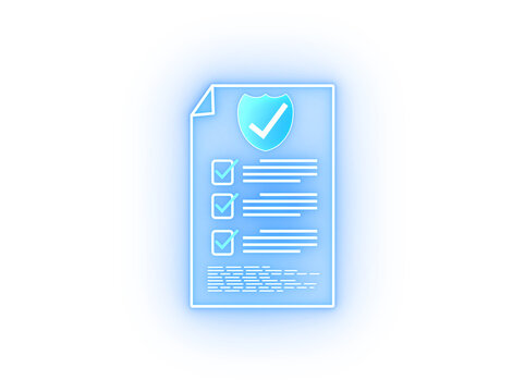 Holographic Glowing secure document checklist icon, Glowing blue document checklist icon with checked boxes and shield symbol, digital security, verification, compliance, and protected records.