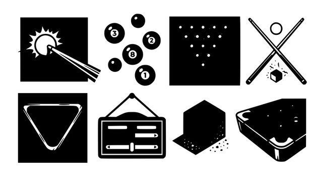 Billiard sports vector graphics featuring pool balls cue rack scoreboard chalk and table elements for recreation entertainment designs