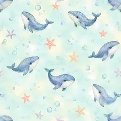 Whales, bubbles and tiny starfish in a soft ocean nursery repeat © dimas
