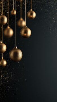 Gold christmas ornaments on dark glitter background