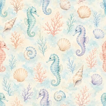 Seahorses, seashells and coral sprigs scattered in a seamless marine
