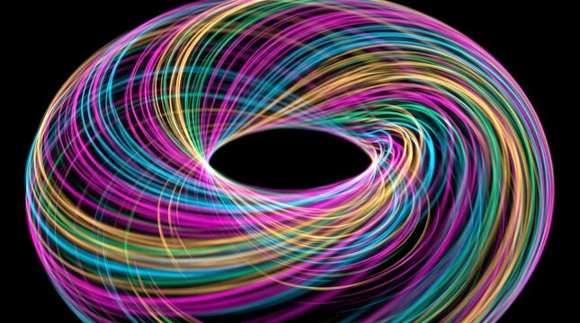 Abstract torus shape made of swirling glowing light lines and vibrant multicolored curves on a black background