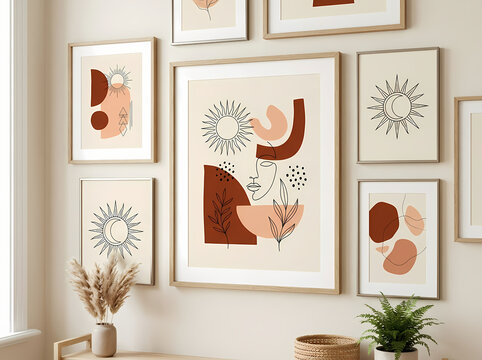 Gallery wall with boho style abstract line art prints in a cozy living room.