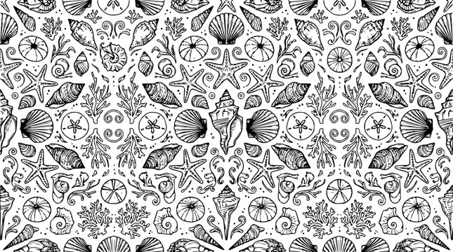 Seashells set with intricate pattern featuring scallops, conches, starfish with seaweed and coral