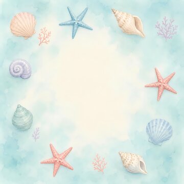Shells and starfish border surrounding a spacious pale aqua center