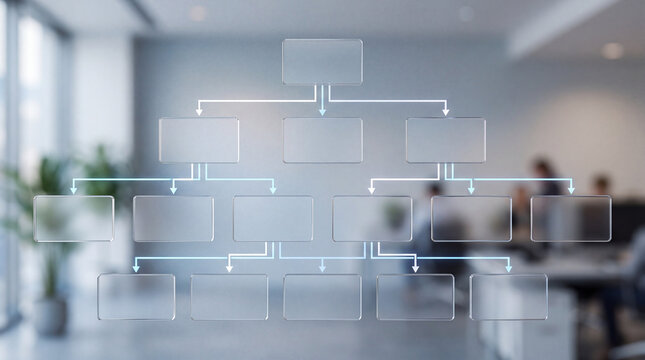 Blank corporate organizational chart with glassmorphism boxes and connecting arrows overlaid on a blurred modern office background, perfect for business hierarchy, workflow structure, and company mana