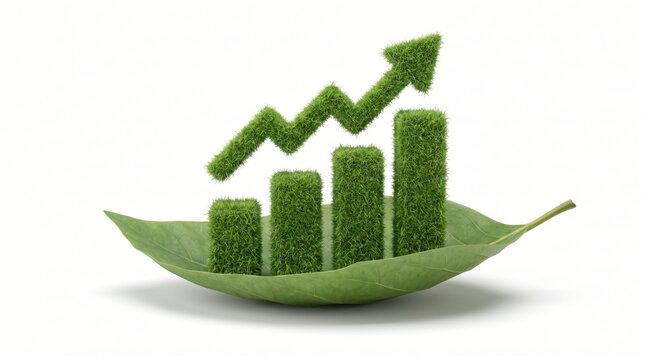 Carbon emission chart showing green growth bars and upward arrow leaf. green renewable energy sustainability. future management responsibility, graph report statistic analysis monitoring