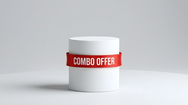 White cylindrical podium wrapped with a red combo offer ribbon