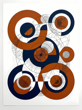 Abstract geometric composition with intersecting circles and thin technical line art patterns.