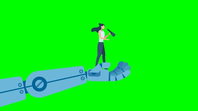 Business woman analyst use telescope climb up. AI technology futuristic, AI. Robot holding a businesswoman with a telescope, helping her to look further ahead. 2d flat animation. Alpha channel