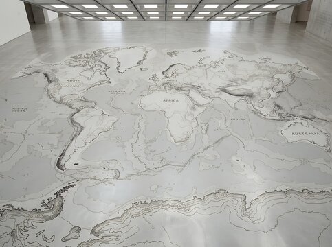 Large scale world map installation on floor with overhead lighting.