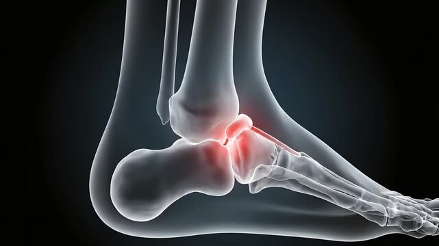 3D Medical Illustration of Ankle Joint Pain and Inflammation on Foot Skeleton X-ray Scan
