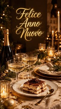 New year dinner table with champagne and tiramisu