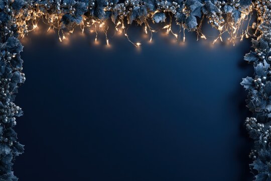 Dark blue Christmas background with holly and fairy lights