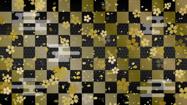 cherry blossoms 01 small confetti gold fall pattern01 ekasumi ichimatsu asanoha loop （gold black background）02