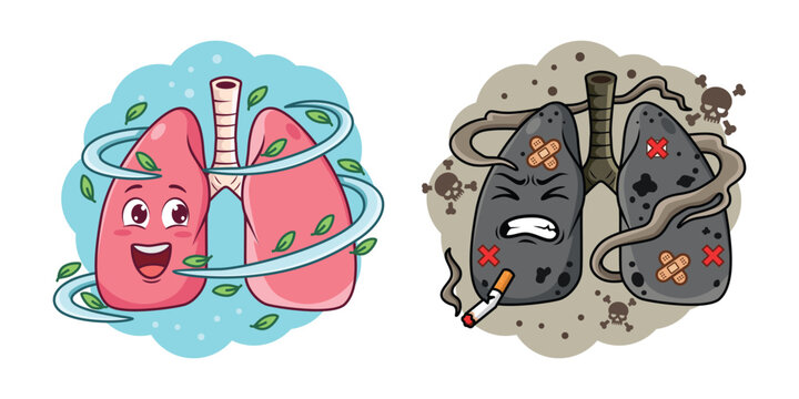 Cartoon illustration of healthy and unhealthy lungs due to smoking.