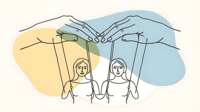 Human control and psychological manipulation concept. Power dynamics and influence. Hands holding strings controlling female marionette figures in a puppet show