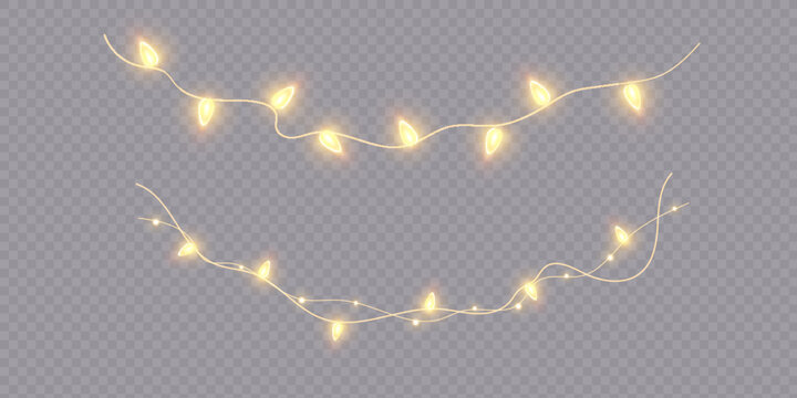 Garland of Christmas lights. Festive bright lights of bulbs. Christmas light garland isolated on transparent background with glitter.