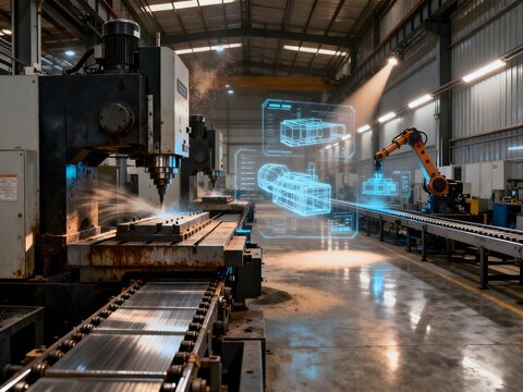 High-Tech Industrial Smart Manufacturing Plant with Holographic CAD Schematics and CNC Machining