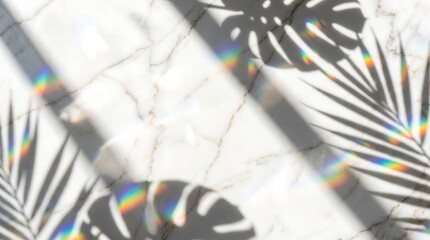 Obraz premium Tropical leaf shadows with vibrant rainbow light refractions on a pristine white marble background, creating a serene and aesthetic summer atmosphere