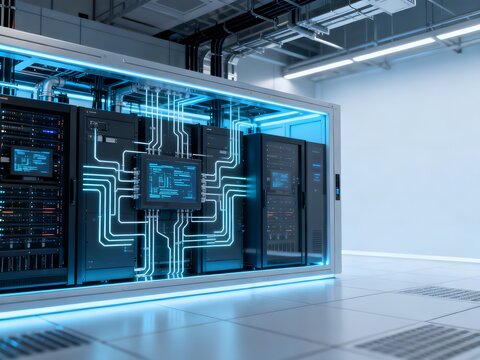 Advanced Enterprise Data Center Server Racks with Glowing Neon Blue Digital Circuit Data Lines