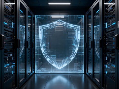 Cyber Security Shield Hologram in Modern Enterprise Data Center Server Room