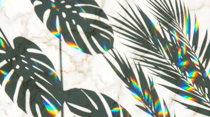 Obraz premium Tropical plant shadows with colorful light refractions on white marble background