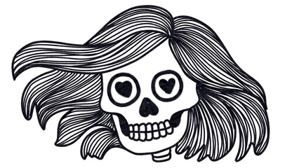 Fototapeta premium Vintage spooky skull with flowing long hair and heart shaped eye sockets in hand drawn engraving style, isolated on transparent background for halloween and gothic fashion graphics