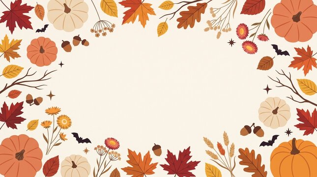 A charming autumn background frame decorated with colorful fall leaves, pumpkins, flowers, acorns, and tiny bats surrounding a central copy space.