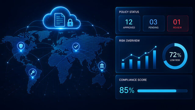 Digital global network with cloud security and compliance dashboard